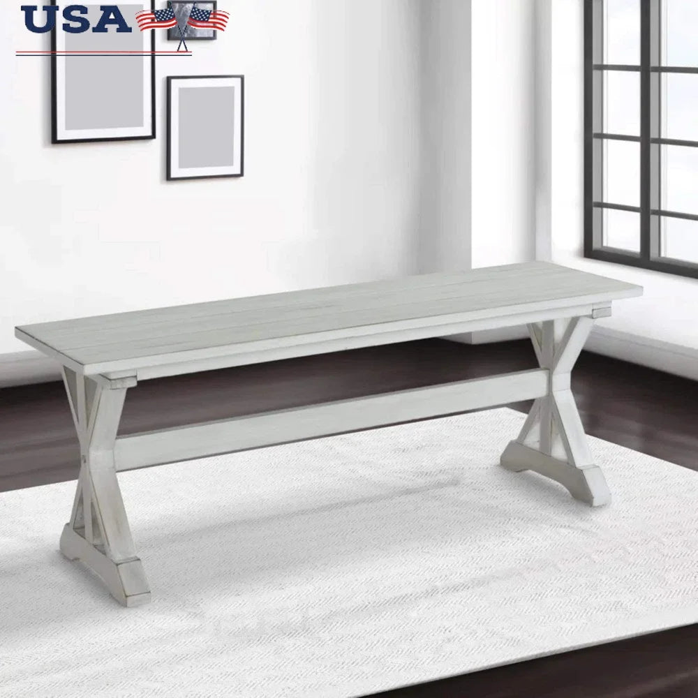 Backless Wood Dining Bench 48in Antique White Finish Indoor Seating Solution Solid Wood Frame Easy Assembly 2 Guests Capacity