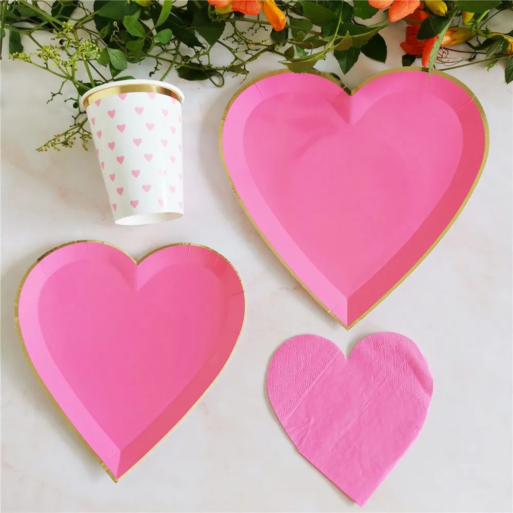 40pcs Rose Heart Shape Disposable Tableware Rose Heart Plate Cup Napkin For Wedding Valentine's Day Party Decoration Supplies