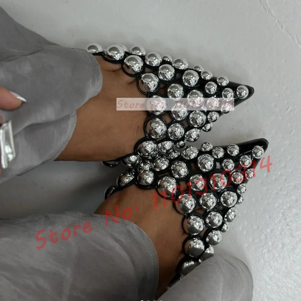 Sexy Pointed Toe Sandals With Metal Ball Spikes Women Bling Slingback Stiletto Sandals Ladies Summer Studded Buckle Straps Shoes