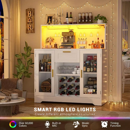 Coffee Bar Cabinet with RGB LED Light and Storage Hutch for home bar use, white MDF material, modern design with adjustable she
