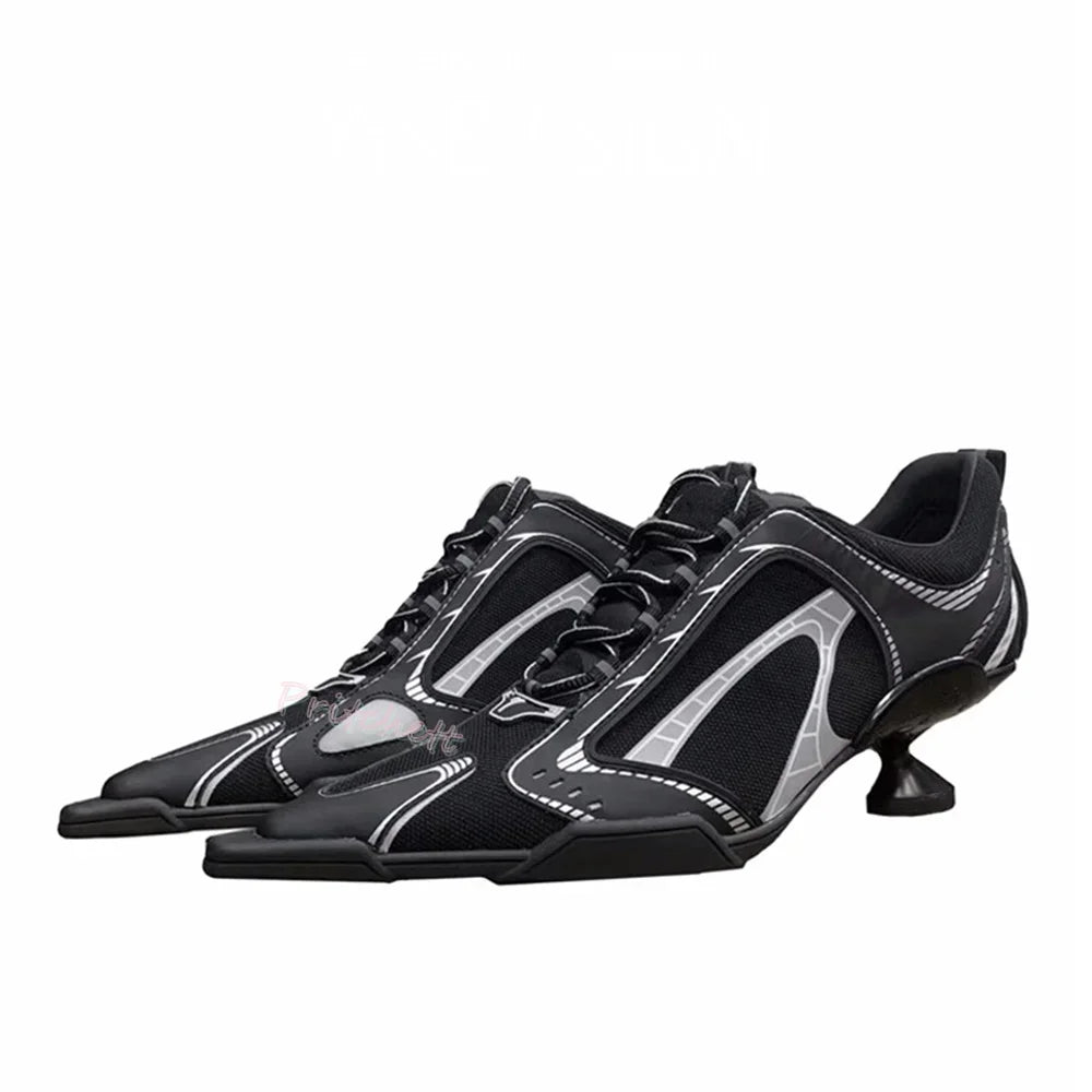 Sporty Ballet Casual Lace-up Sneaker Mesh Pointed Toe High Heels Women Stilettos Pumps Sexy Black Silver Girl Shoes Spring New