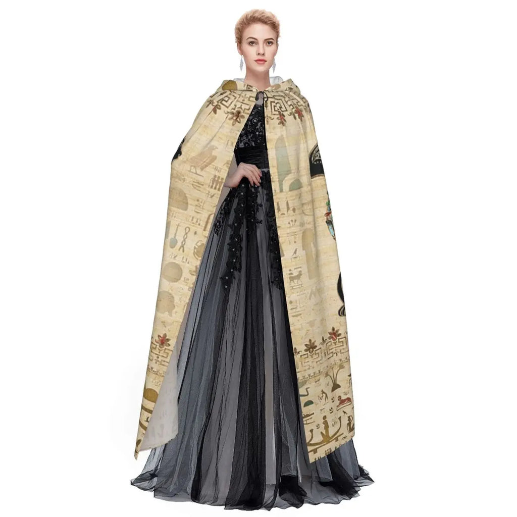Egyptian Cats And Ankh Cross Long Hooded Cloak Witch Medieval Costume Cosplay Cape HalloweenCoat Adult Unisex