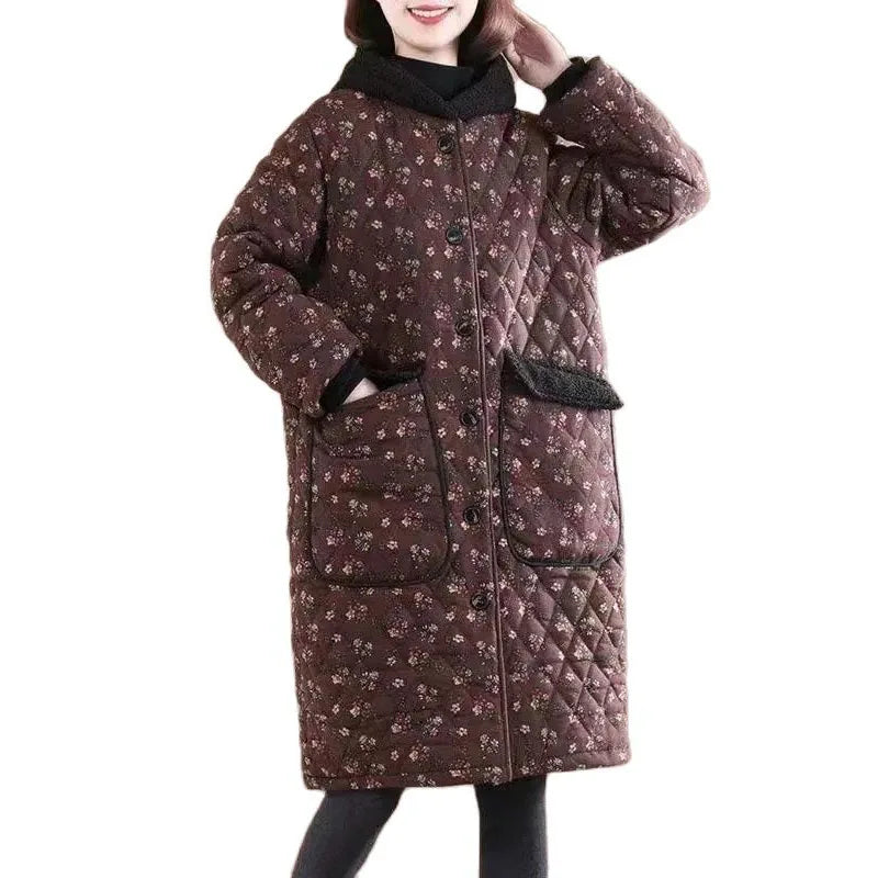 Winter Women's Cotton Parka Clothes Floral Folder Velvet Add Thick Keep Warm Hooded Ladies Mid-Length Cotton Coat JJ142