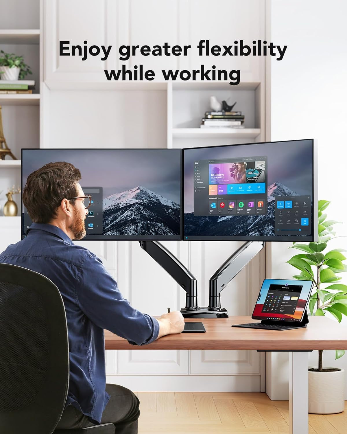 Dual Monitor Stand With USB Port Height Adjustable Arms