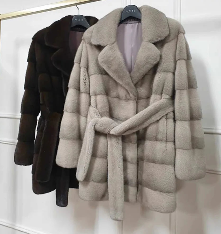 Real Mink Fur Coat for Women, Flip Tie Belt Coat, Warm and Fashionable, Winter