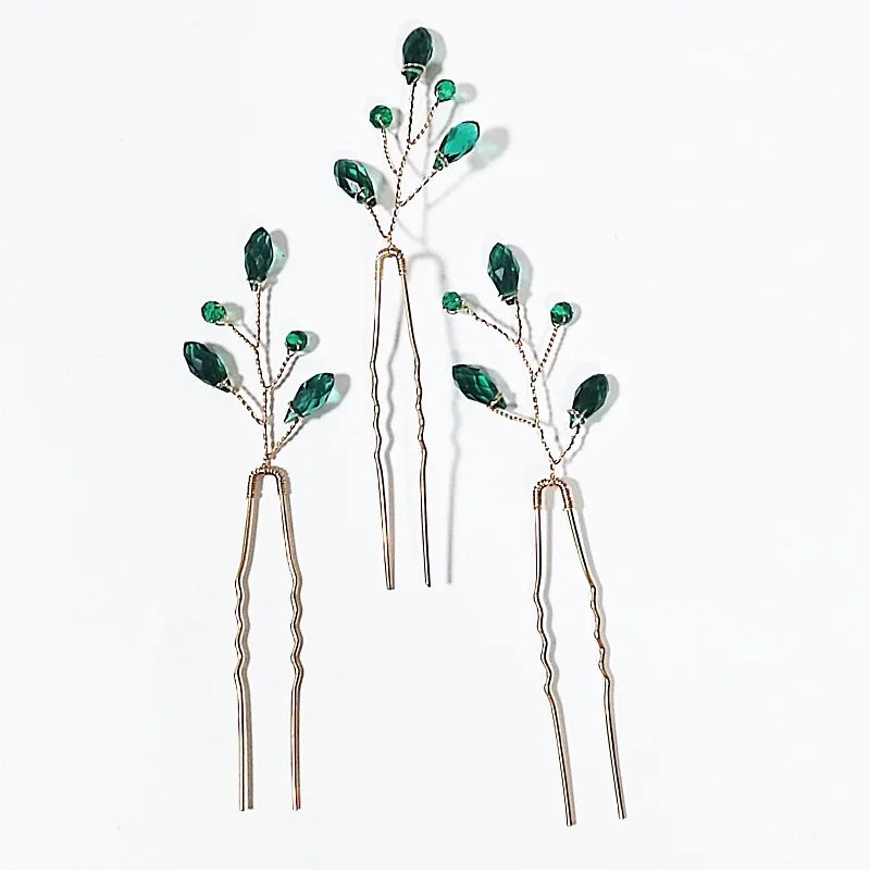 Green Color Rhinestone Hair Combs Bridal Hair Jewelry Leaf Hairpins Pearls Hairpins Bride Wedding Headdress Headband
