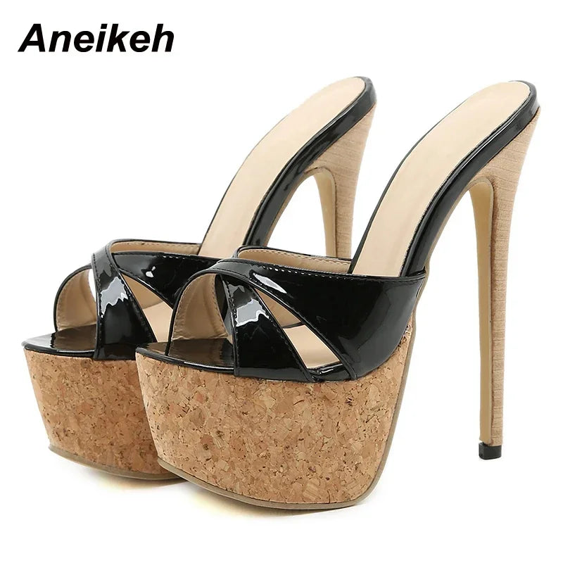 Aneikeh Summer Extreme Platform High Heels Black Leopard Print Rivet Slippers Ladies Sexy Slingback Sandals Mules Slides Shoes