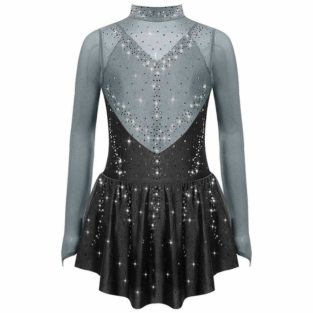 Kids Girls Figure Skating Dance Dress Ballet Lyrical Princess Costume Long Sleeve Color Block Mesh Rhinestones Leotard Dress