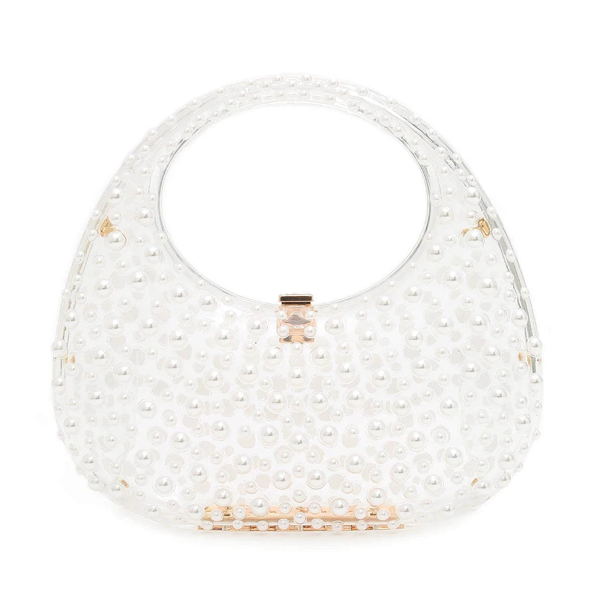 CR Women's Romantic Elegant Clear Acrylic Top-handle Bag Luxury All Over Pearls Long Chain Evening Purse Bride Handbag Wedding