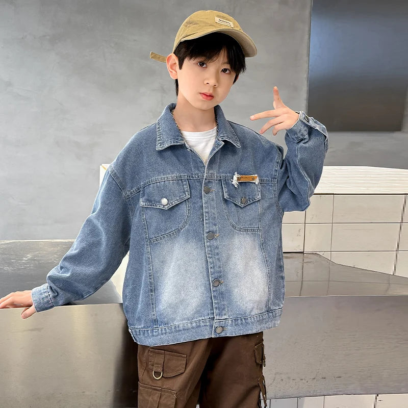 2025 Spring Autumn Children Blue Washed Denim Jacket For Boys Loose Long Sleeve Button Up Back Pockets Fashion Jeans Jacket Coat