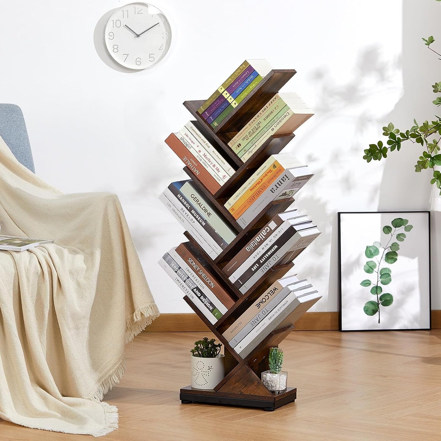 8 Tier Tree Bookshelf Floor Standing Bookcase For Books CDs Rustic