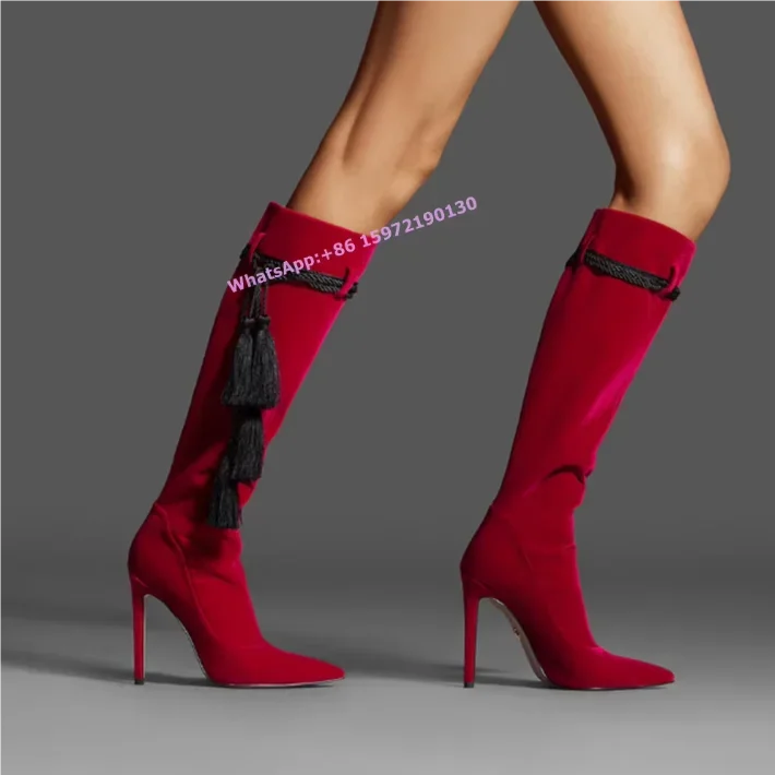 Winter Black Suede Red Fringed Boots Pointed Toe Twine Lace Up Slip On Stiletto Knee-Length Boots 2024 Runway New Design Shoes
