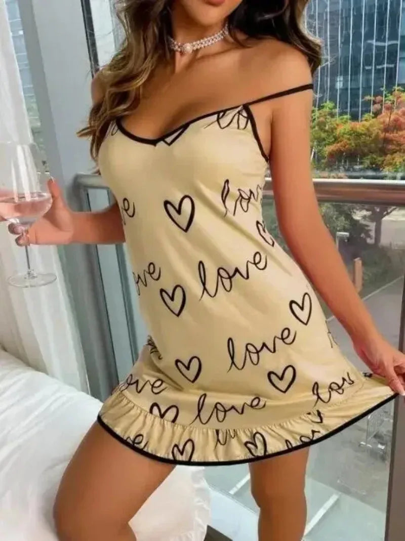 Milk Silk Heart Print Sleepwear Women Pajamas Nightgown V Neck Sexy Lingerie Dress Spaghetti Strap Nightwear Nighties