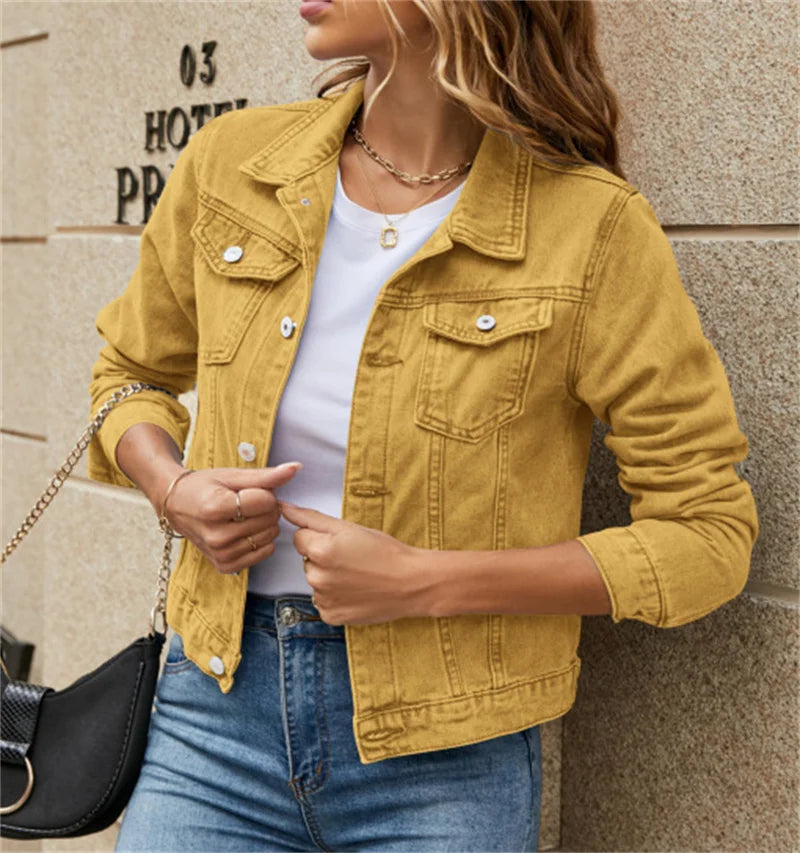 New Women Short Denim Jackets Fashion Female Casual Long Sleeve Lapel Solid Button Pocket Slim Jean Jacket Fall Winter Coat
