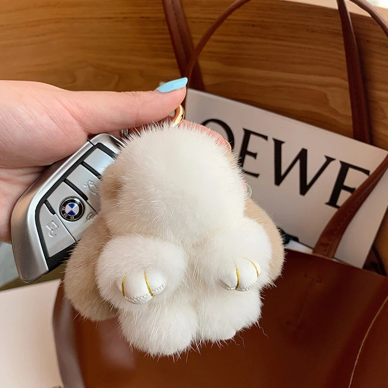 Mink Bunny Keychain Pompon Keyring Bunny For Women Bag Charms Car Key Chain Cute Rabbit Key Ring On Bag Car Trinket Pendant Gift