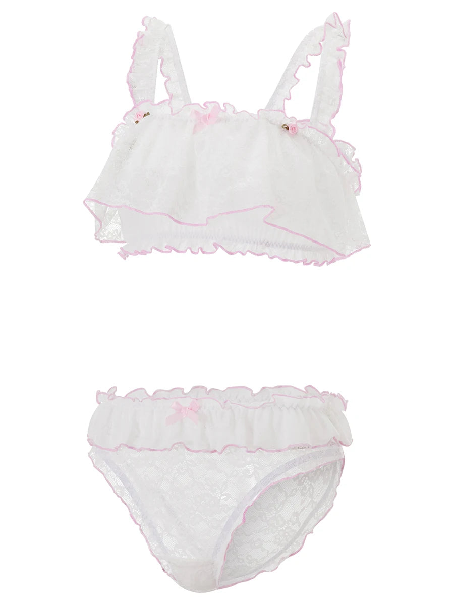 Sexy Lace Lingerie Set with Bow Detail and Thong Panties Sheer Nightgown with Colorful Trim and Frilly Bra