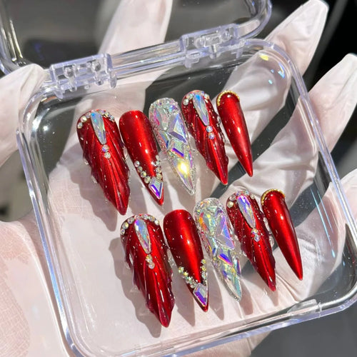 10pcs Handmade Press on Nails Shiny Full Diamond Design Fake Nails Full Cover European Heavy Metal Bride Wearable False Nails