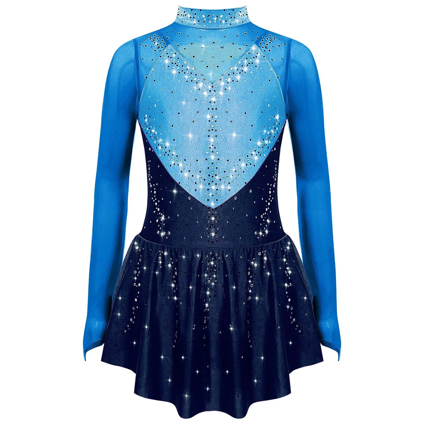 Kids Girls Figure Skating Dance Dress Ballet Lyrical Princess Costume Long Sleeve Color Block Mesh Rhinestones Leotard Dress