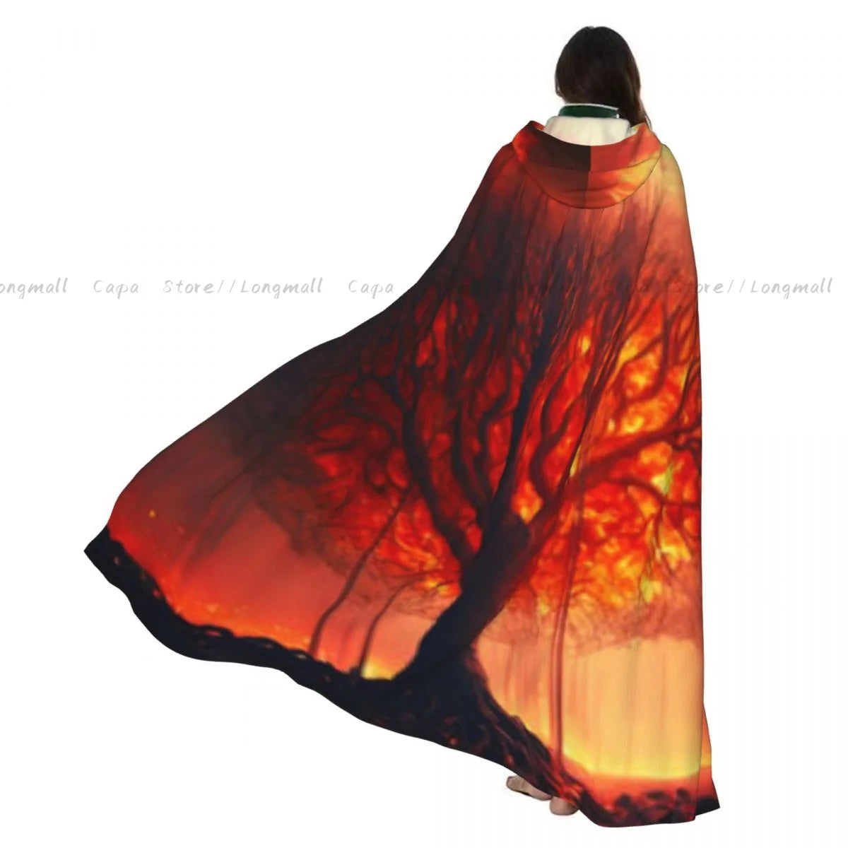 Adult Vampire Cape Hooded Robe Flames Of Fire Background Halloween Cloak Full Length Cosplay