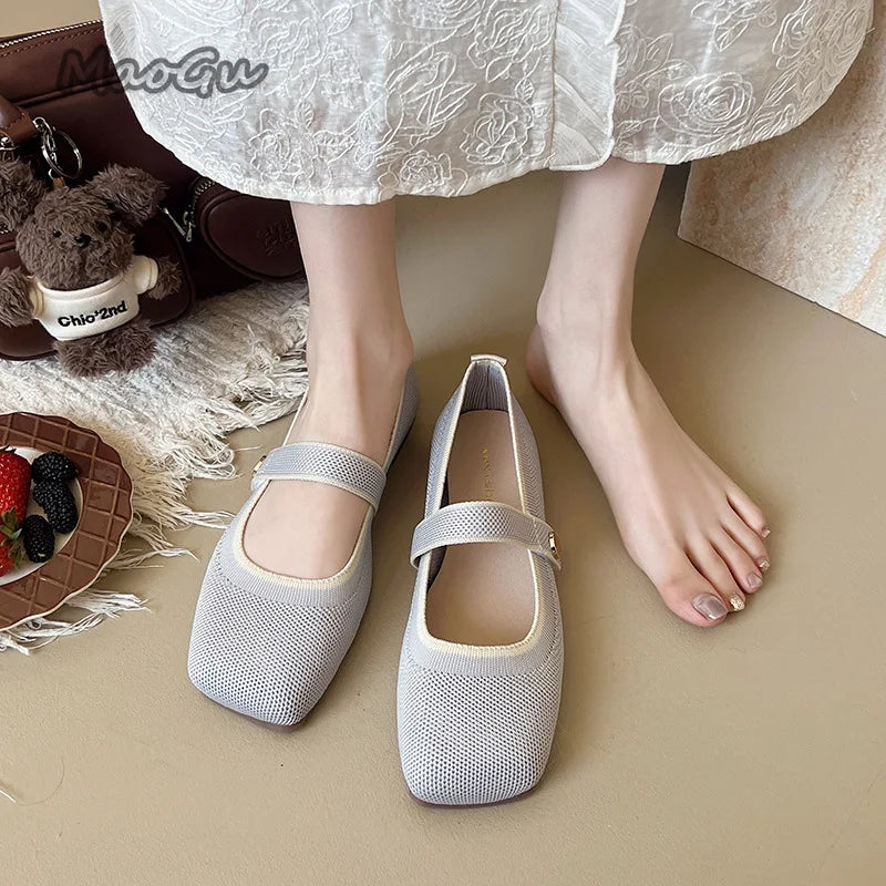 New Women's Single Shoes Fashion Square Toe Comfortable Mesh Flat Loafers Buckle Strap Woven Shoes Breathable Casual Soft Sole