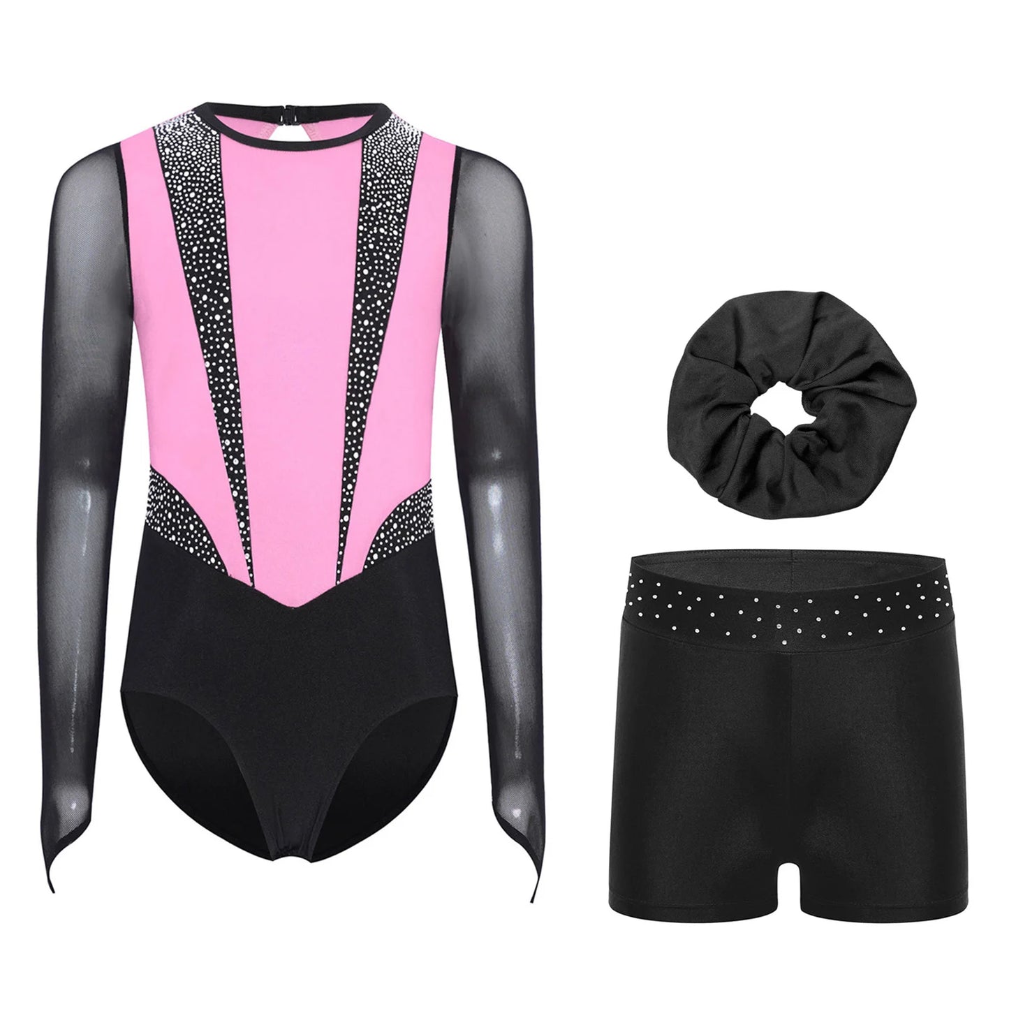 Kids Girls Ballet Gymnastics Sets Sports Tracksuit Figure Skating Dancewear Long Sleeves Rhinestones Leotard with Shorts Suit