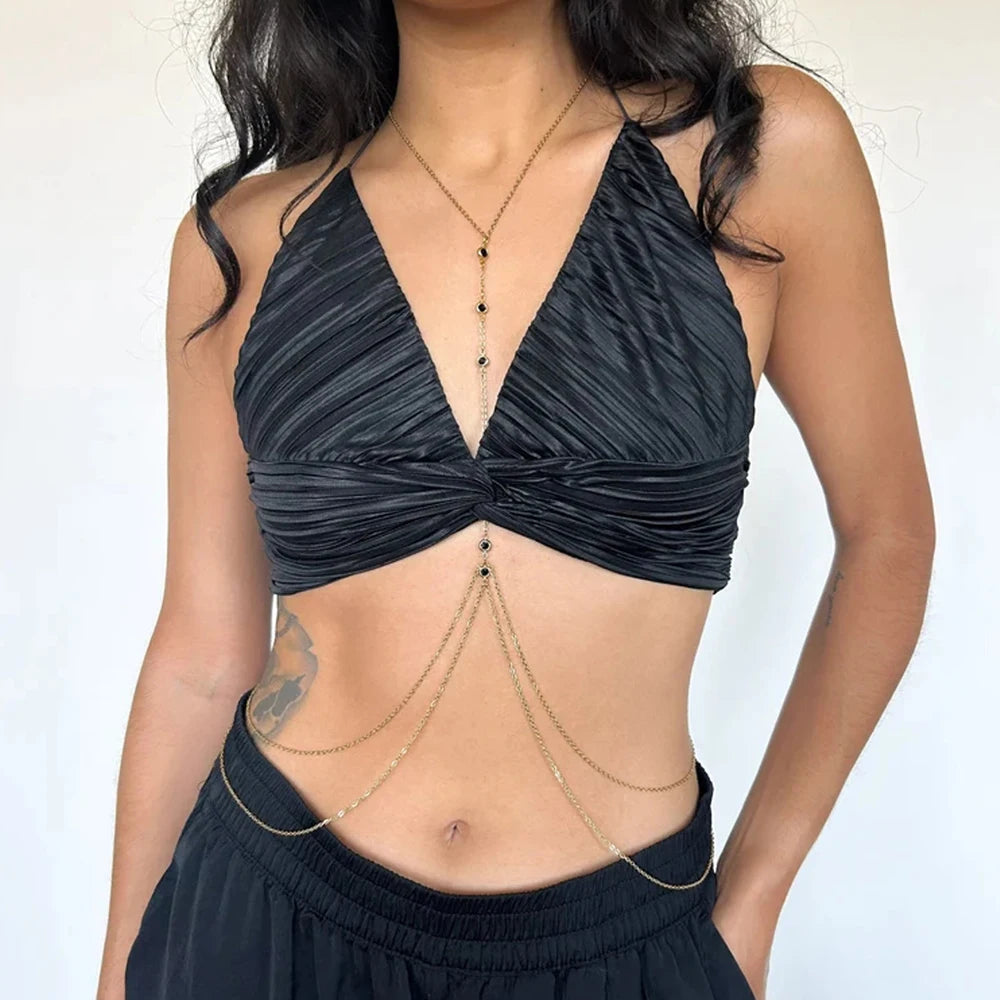 Rave Black Round Crystal Bra Chain Bikini Women Body Accessories 2024 Simple Rhinestone Sexy Chest Chain Lingerie Party Jewelry