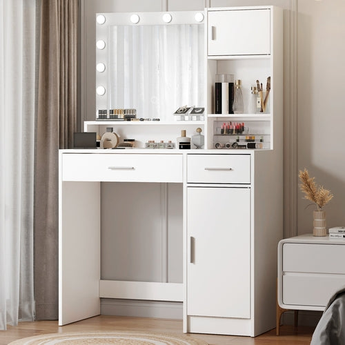 White Vanity Dressing Table with Lighted Mirror, Large Drawer and