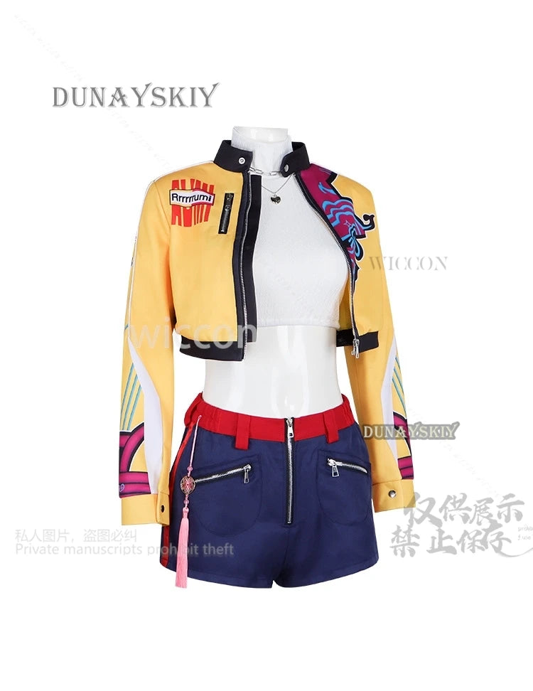 Anime Movie Demon Kpop Girl Group Cosplay Rumi Singing Costume Yellow Punk Y2K Coat Short Pants Long Wigs Halloween Party Cos