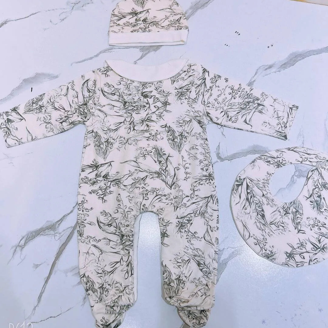 2024 new design Baby clothes newborn baby pure cotton jumpsuits full print forest baby girl rompers bib hat 3 pcs set