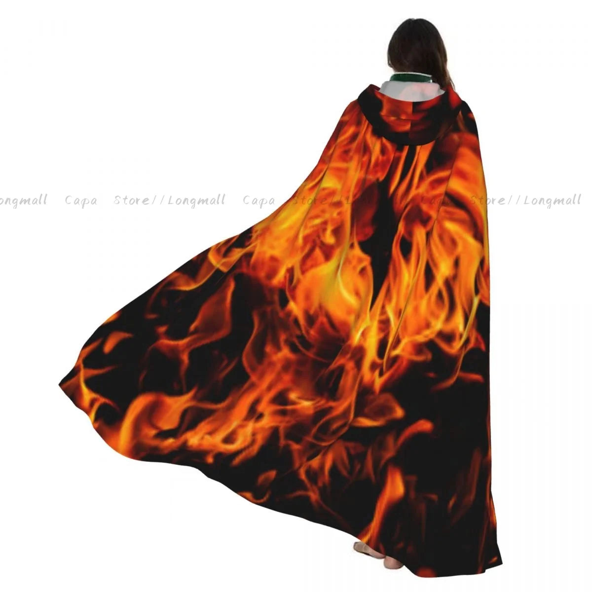 Adult Vampire Cape Hooded Robe Flames Of Fire Background Halloween Cloak Full Length Cosplay