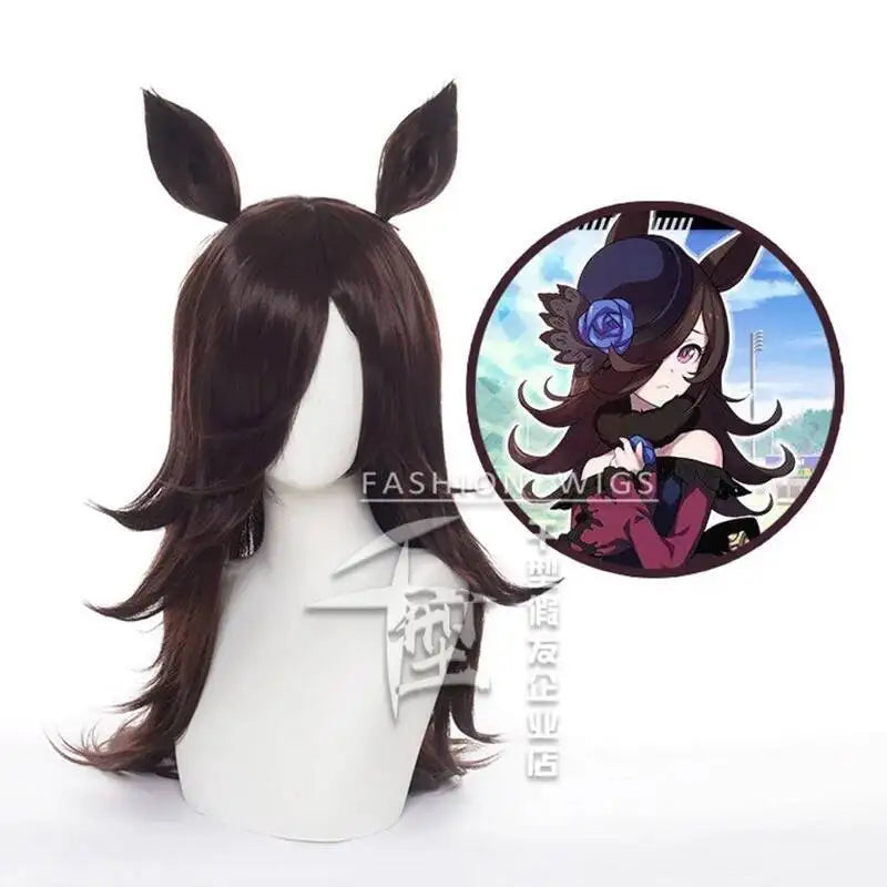 Umamusume Pretty Derby Rice Shower Wig With Ears Cosplay Costume Heat Resistant Synthetic Hair Women Dark Brown Long Wigs