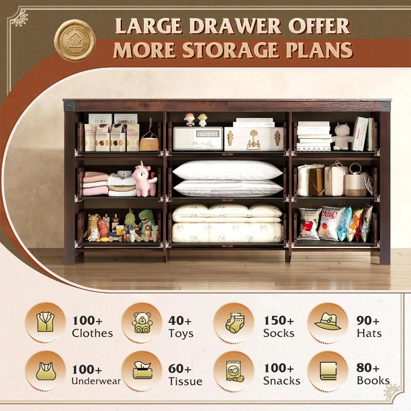 WLIVE Farmhouse Dresser  Bedroom,63" Wide 9Drawer Dresser Storage Organizer,Wood Chest of Drawers,TV Stand for 70 inch TV(Brown)