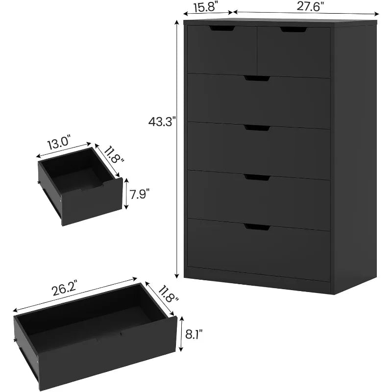 Tall 6 Drawer Dresser, Black Modern Chest of Drawers for Bedroom,Closet Dressers with Drawers for Living Room, Entryway, Hallway