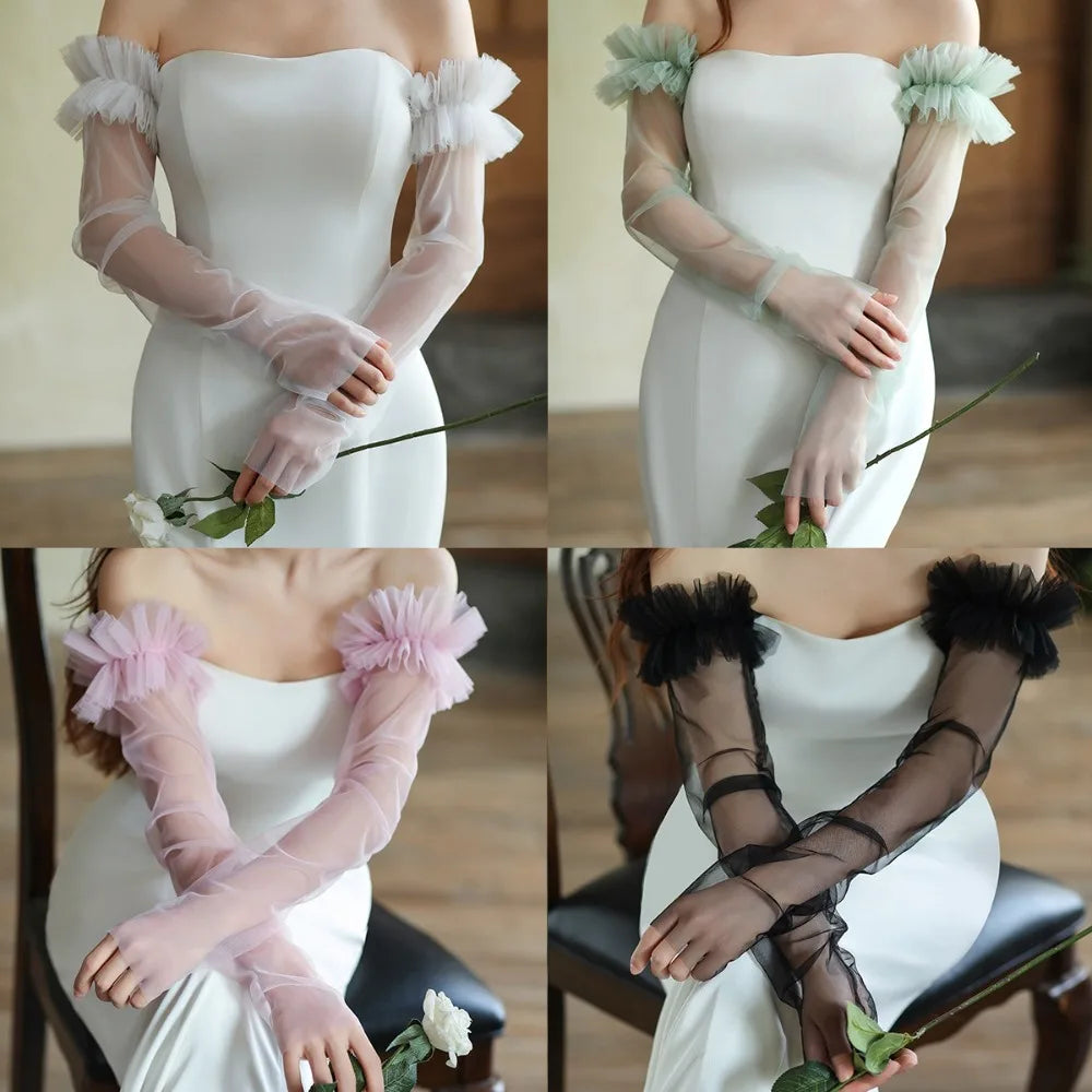 Elegant Long Sleeves Bridal Sleeves Pleated Transparent Wedding Long Sleeves Removable Multiple Colors Removable Sleeves Bride