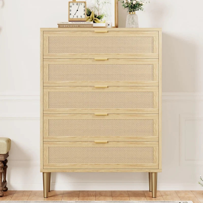Rattan 5 Drawer Dresser, 44'' Tall Narrow Chest of Drawer, Farmhouse Wooden Vertical Dresser with Metal Legs and Hand