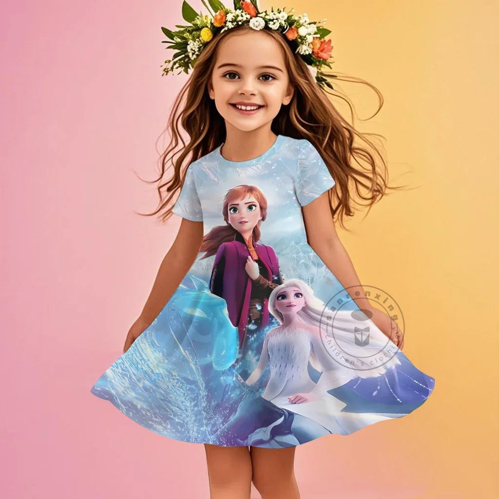 2025 Children Short-Sleeved Dress Cute Princess Series Elsa 3D Print Skirt Summer Baby Girl Clothes Original Brand Clothing