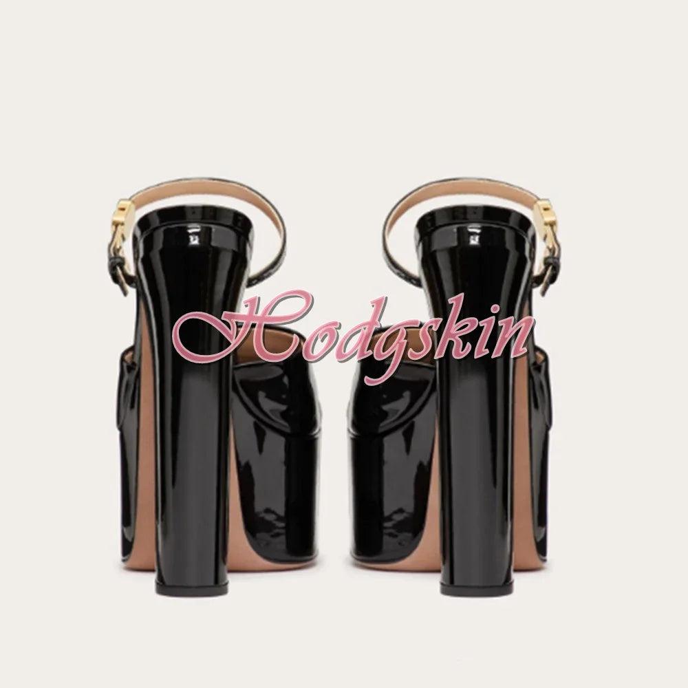 Thick Sole Shiny Leather Sandals Open Toe High Platform Chunky High Heels Solid Buckles Straps Sandals Women Dress Shoes Design