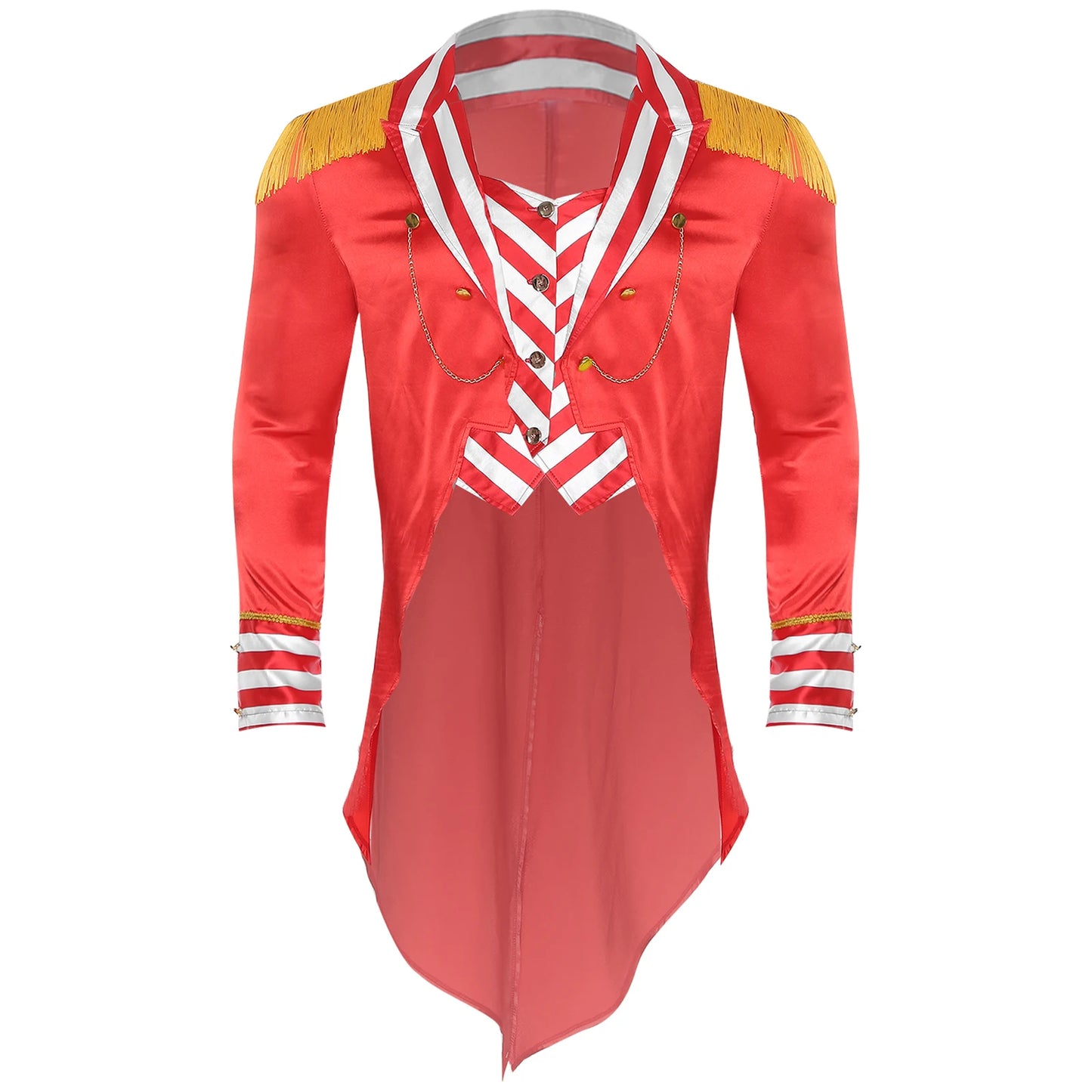 Men Circus Ringmaster Costume Halloween Lion Tamer Tailcoat Lapel Collar Long Sleeves Tassel Epaulets Satin Jacket Tail Coats