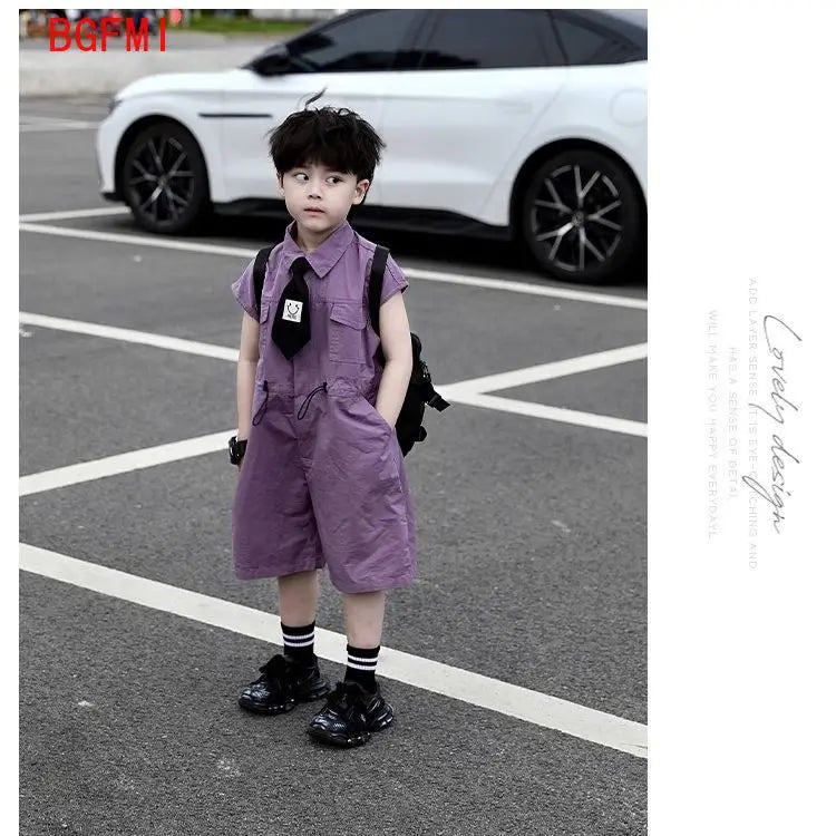 Kids Summer Shorts Overalls Capri Boys Purple Pants and Tie Clothes Boy Baby Jumpsuit 1-10Y Short Sleeved Children's Clothing