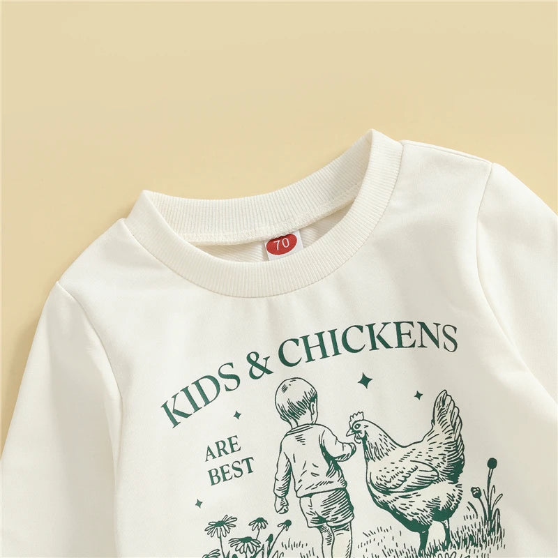 Toddler Baby Boys Fall Clothes Set Kid and Chicken Print Long Sleeve Pullover Sweatshirt Bow Pants 2 Pcs Outfits