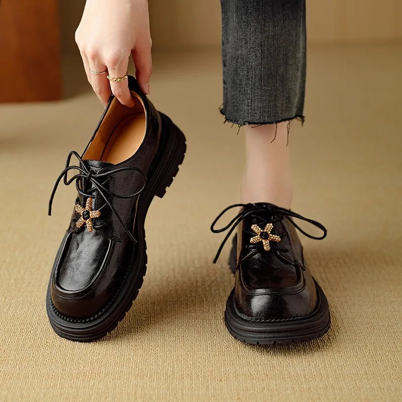 Block Heel Loafers Autumn New Round Toe Deep Mouth Front Lace-Up Rhinestone Non-Slip Wear-Resistant Platform Single Shoes