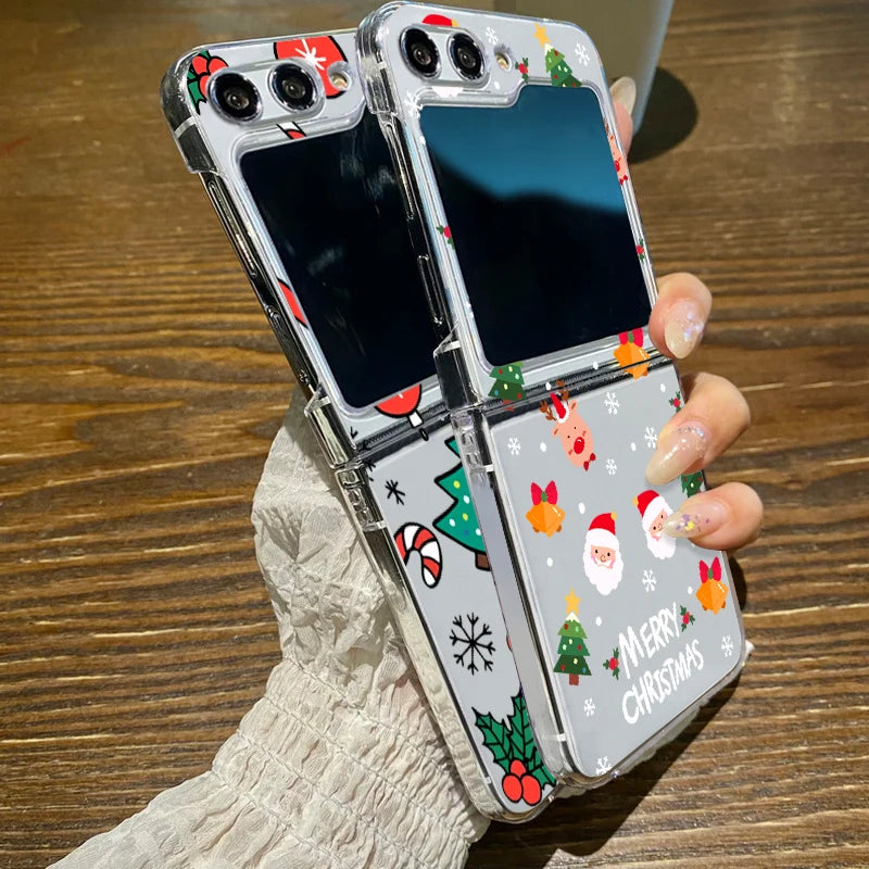 Christmas Tree Cartoon Print Clear Phone Case For Samsung Galaxy Z Flip 7 6 5 4 3 5G Folding Hard PC Cover For Samsung Z Flip5