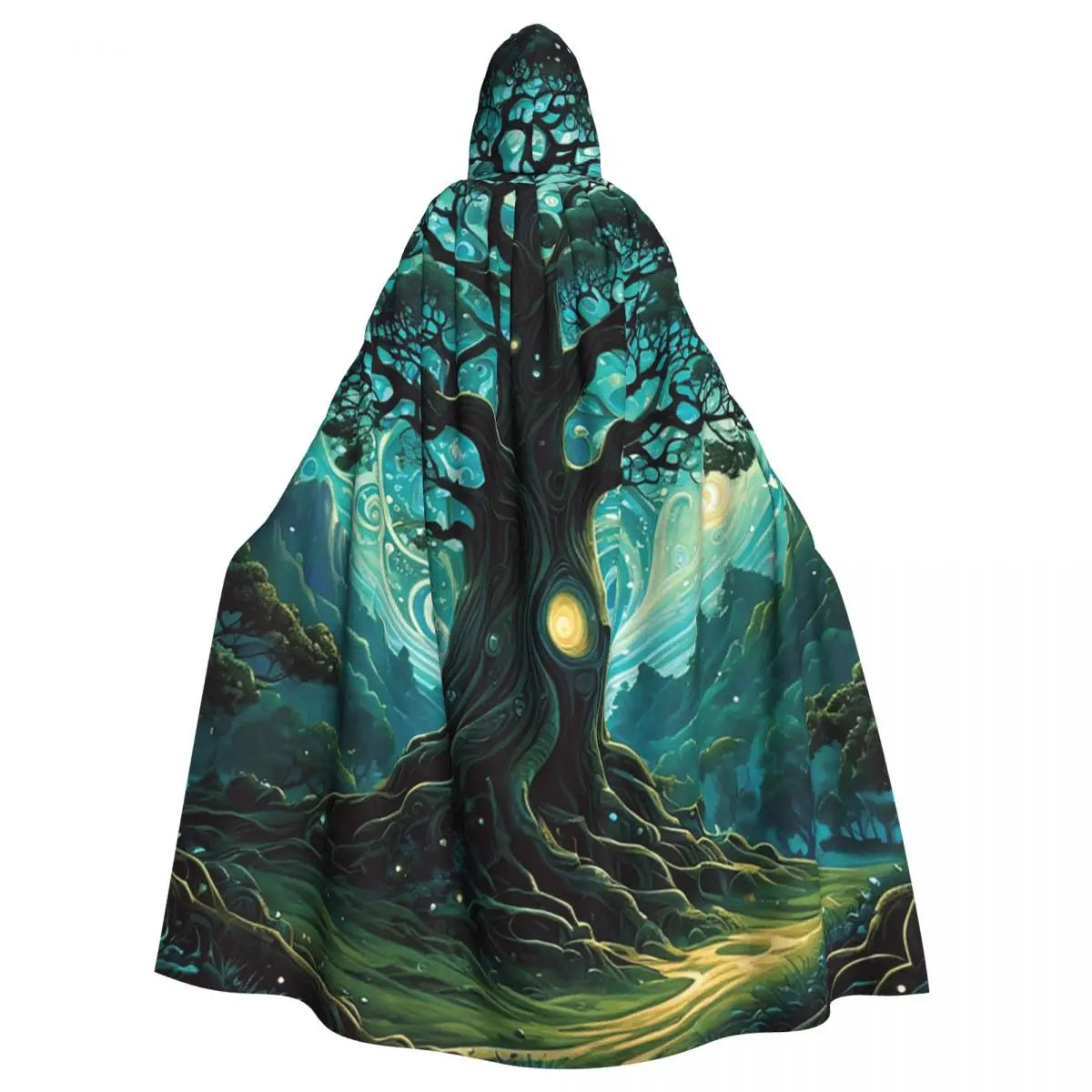 Magic Green Tree Long Hooded Cloak Witch Medieval Costume Cosplay Cape HalloweenVampire Adult Unisex