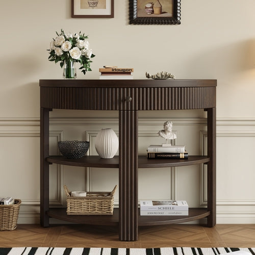 Fluted Half Moon Console Table with Drawer and 2 Shelves for Entryway,