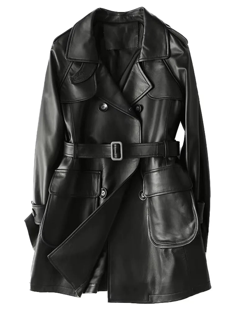 Mauroicardi Spring Autumn Black Pu Leather Blazer Jacket Women Three-dimensional Pockets  Double Breasted Luxury Clothes 2025