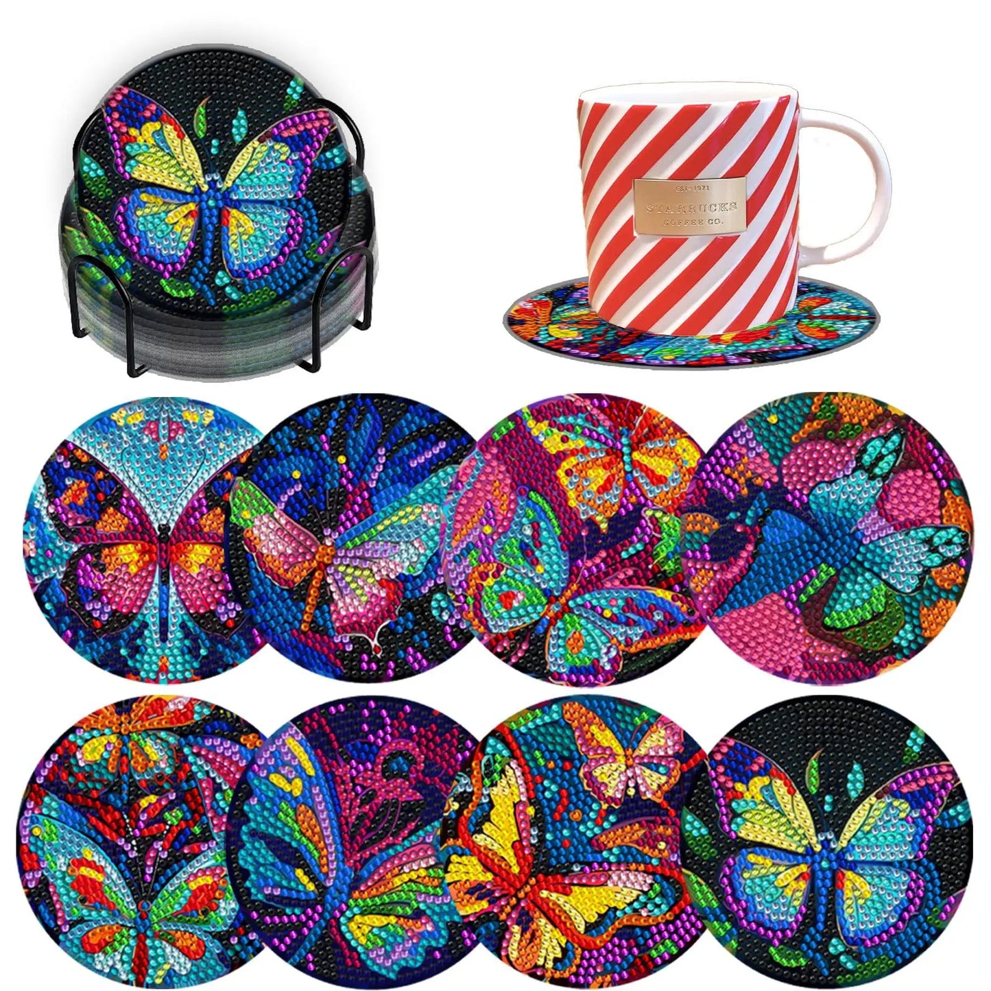 8pcs/Set DIY Diamond Painting Coasters with Holder Anti Slip Wood Drip Mats Crystal Rhinestones Diamond Art Coasters for Adults