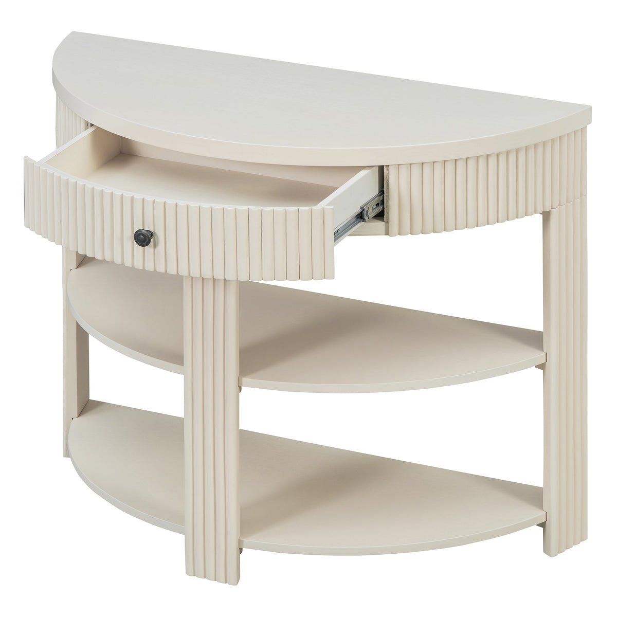Fluted Half Moon Console Table with Drawer and 2 Shelves for Entryway,