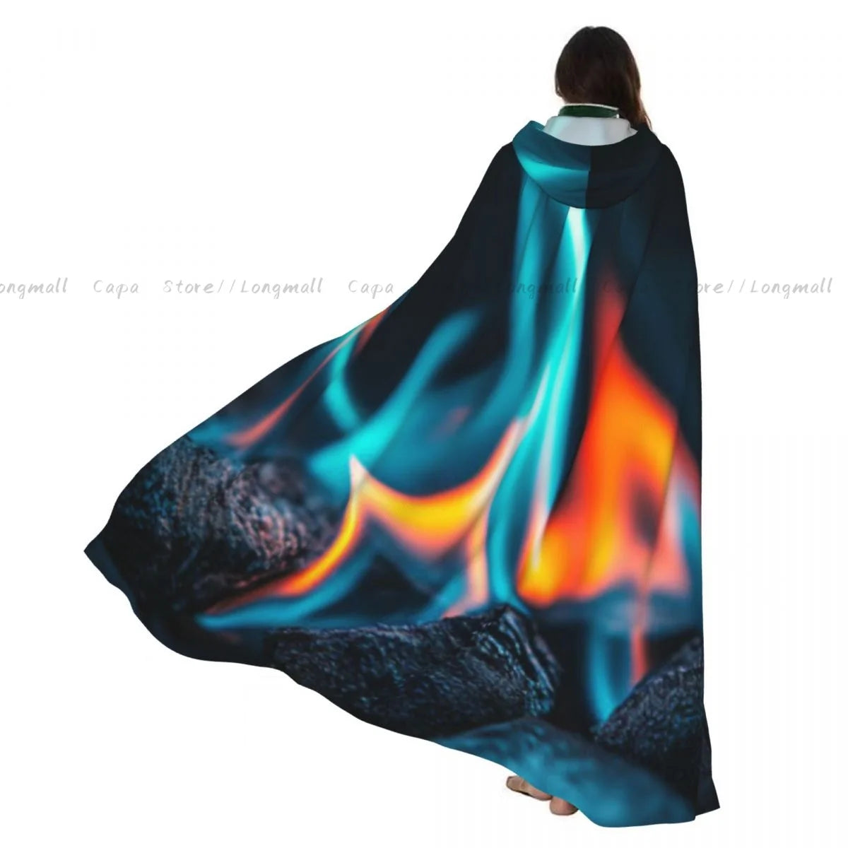 Adult Vampire Cape Hooded Robe Flames Of Fire Background Halloween Cloak Full Length Cosplay