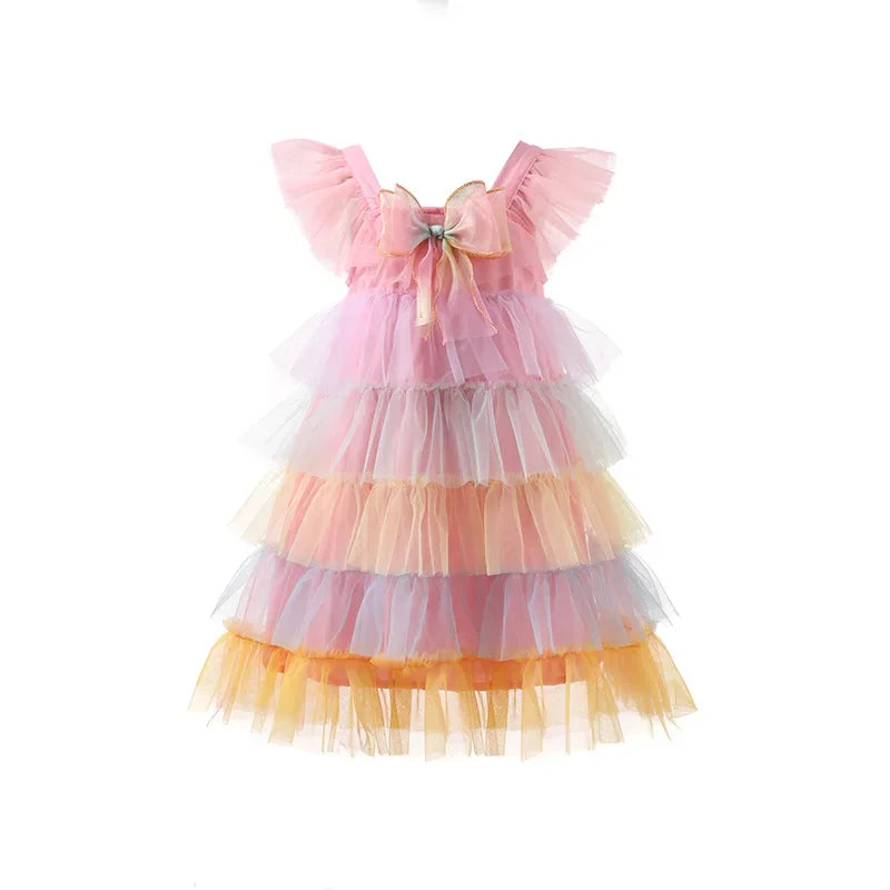 Girls' Dress 2025 Summer Fashion Children's Clothes Princess Rainbow Pink Cake multi-layer Gauze Baby Girl Birthday Party Dress
