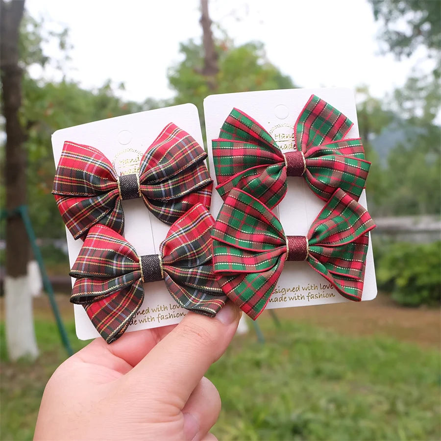 Christmas Plaid Hair Bow Clip For Girls Baby Kids Barrette Children Hair Accessories Butterfly Hairpin Fashion Headwear Top Clip